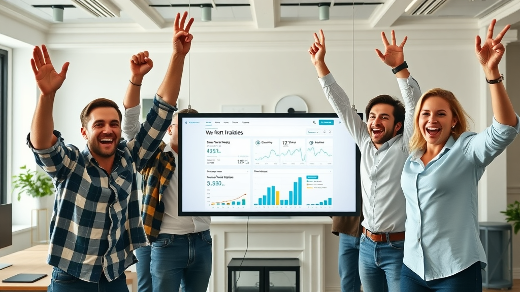 Triumphant digital marketing team celebrating successful SEO blog post rankings