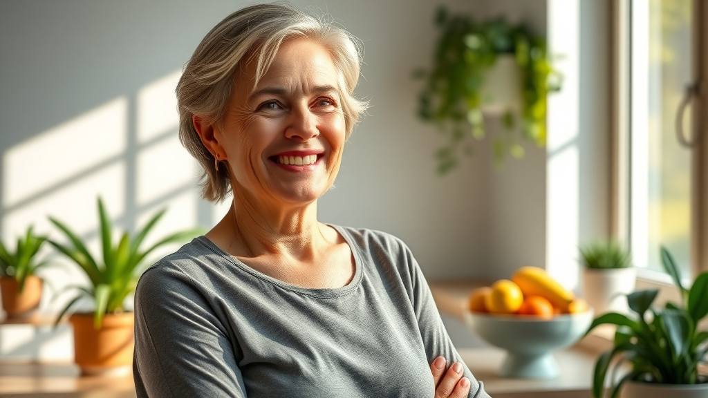 health optimization inspiring middle-aged woman, confident and relaxed, smiling as she enjoys morning sunlight in cozy modern kitchen with fresh fruit and houseplants