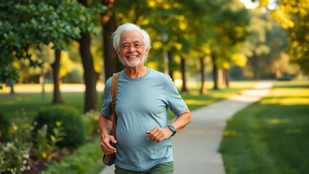 happy senior after stem cell therapy for joint pain, walking briskly and pain-free in park