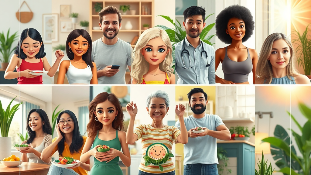 collage showing diverse individuals before and after adopting plant-based diets, highlighting transformation in health and vitality