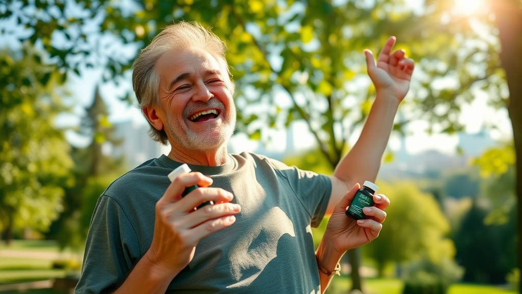 Natural health remedies success: Happy patient with pain relief, enjoying nature and holding herbal supplements