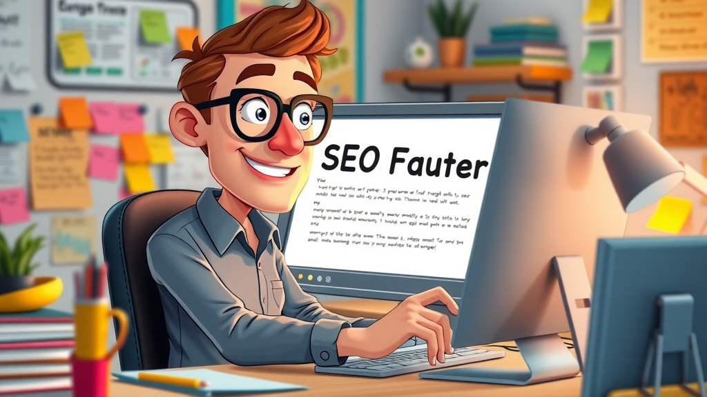 SEO copywriter optimizing title tags for on-page SEO at colorful workspace