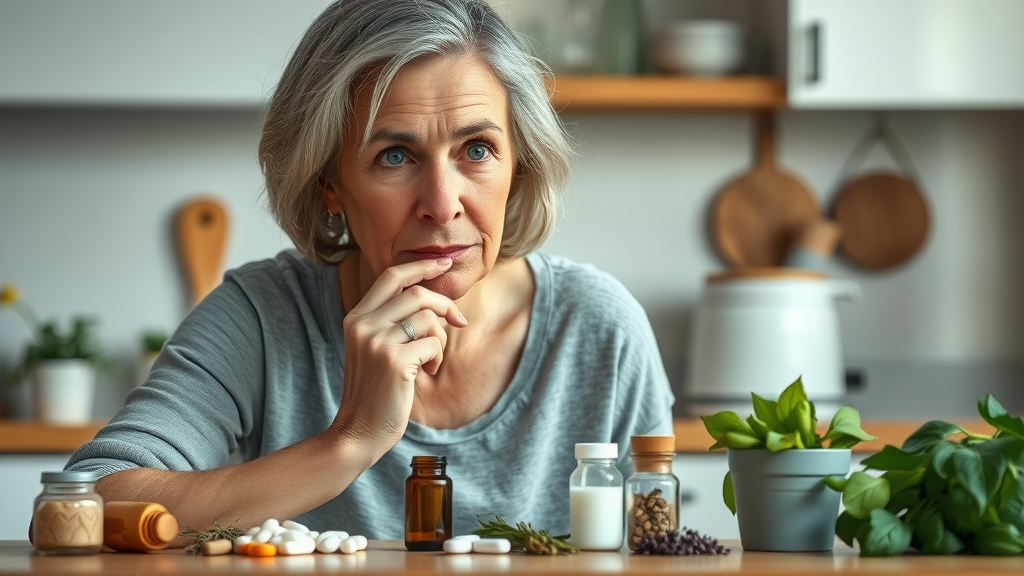 Natural health remedies decision: Middle-aged woman comparing pills and herbal treatments for pain relief