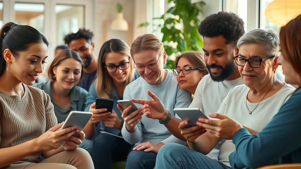 Diverse audience consuming social media content on multiple devices