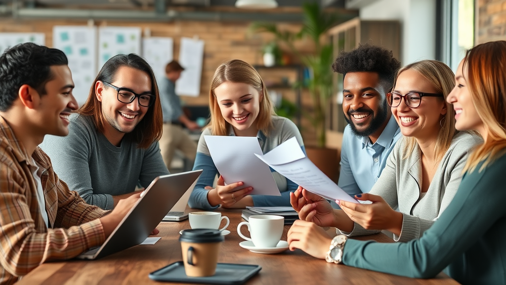 Diverse team collaborating on blog articles and content strategy in coworking space