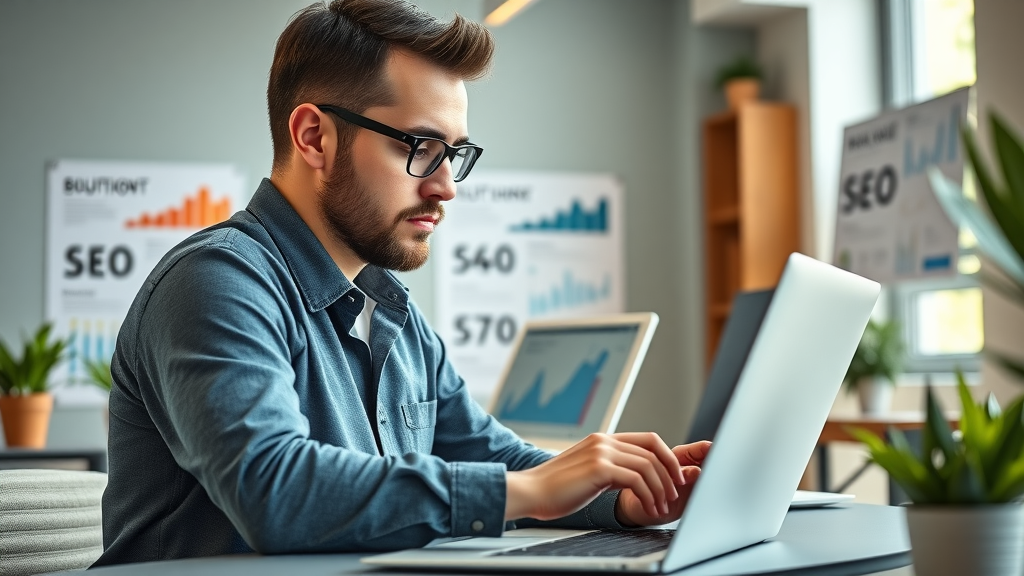 SEO content writing professional working in a digital marketing office with charts on screen