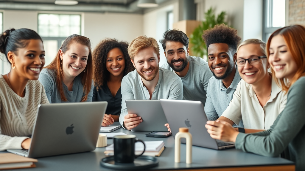 Dynamic diverse group of freelance blog writers collaborating in a modern coworking space