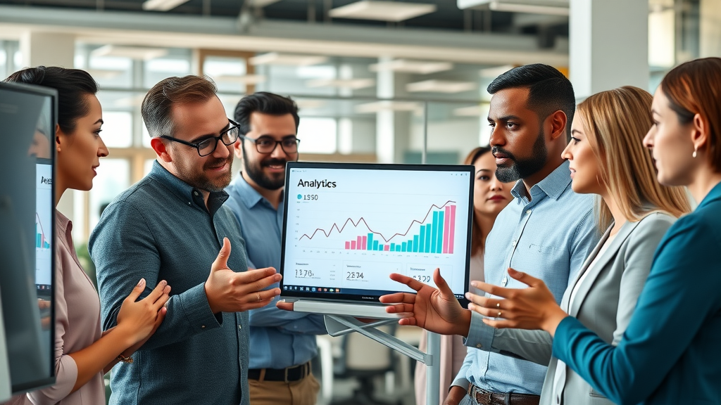 diverse marketers analyzing website analytics with blog writing services