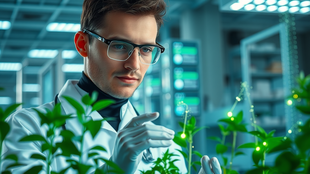 Artificial intelligence in alternative medicine: Researcher analyzing medicinal herbs with digital overlays in hi-tech laboratory