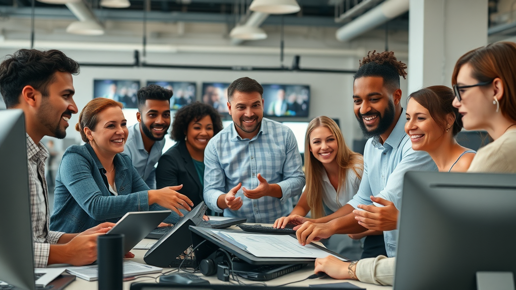 content creation agency diverse team brainstorming with digital and video tools, modern workspace