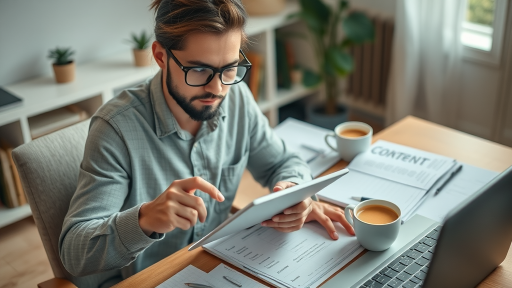 Content strategist calculating blog writing services pricing on tablet and laptop