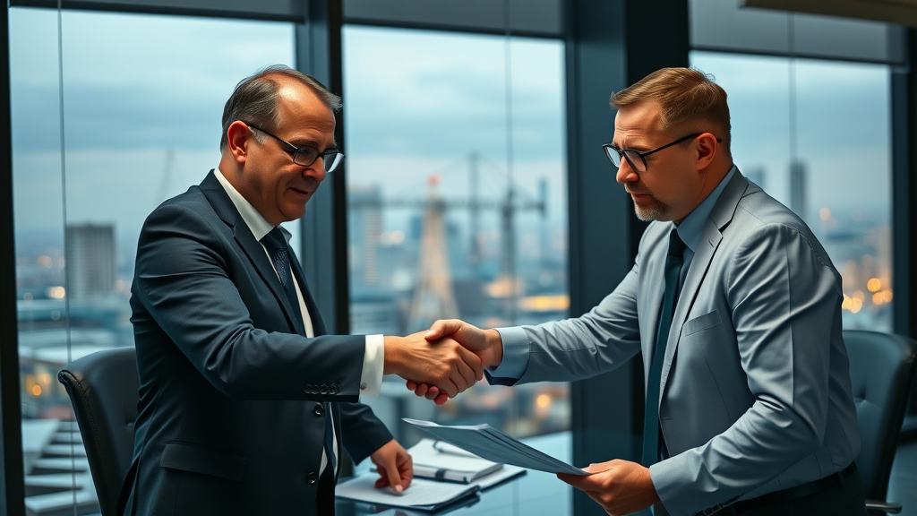oilfield research business executives and experts shaking hands reviewing contracts in a modern conference room
