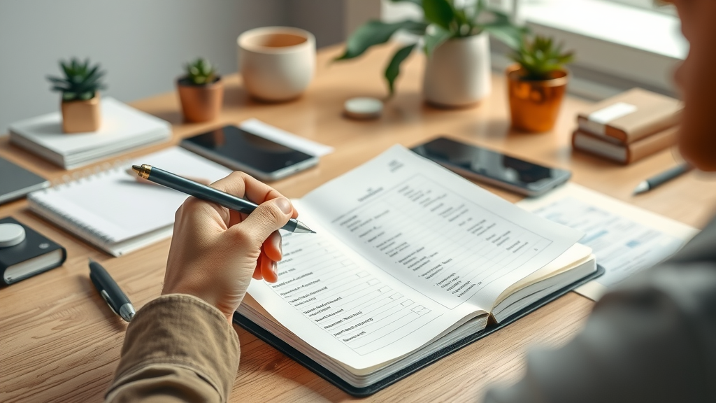 Work desk with blog post pricing breakdown and financial documents