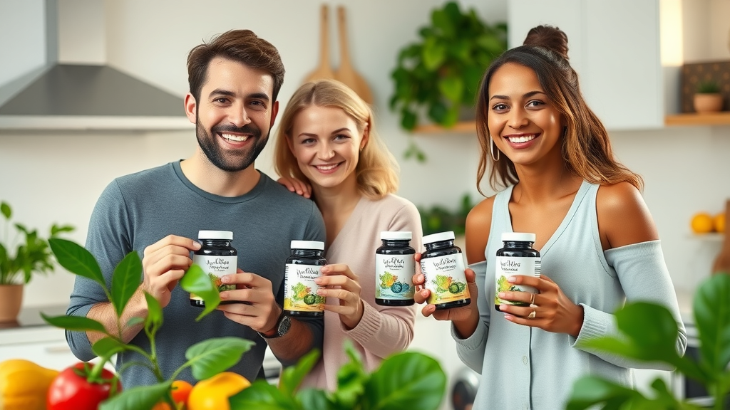 vibrant health-focused individuals holding organic health supplements in a bright kitchen - organic health supplements natural product
