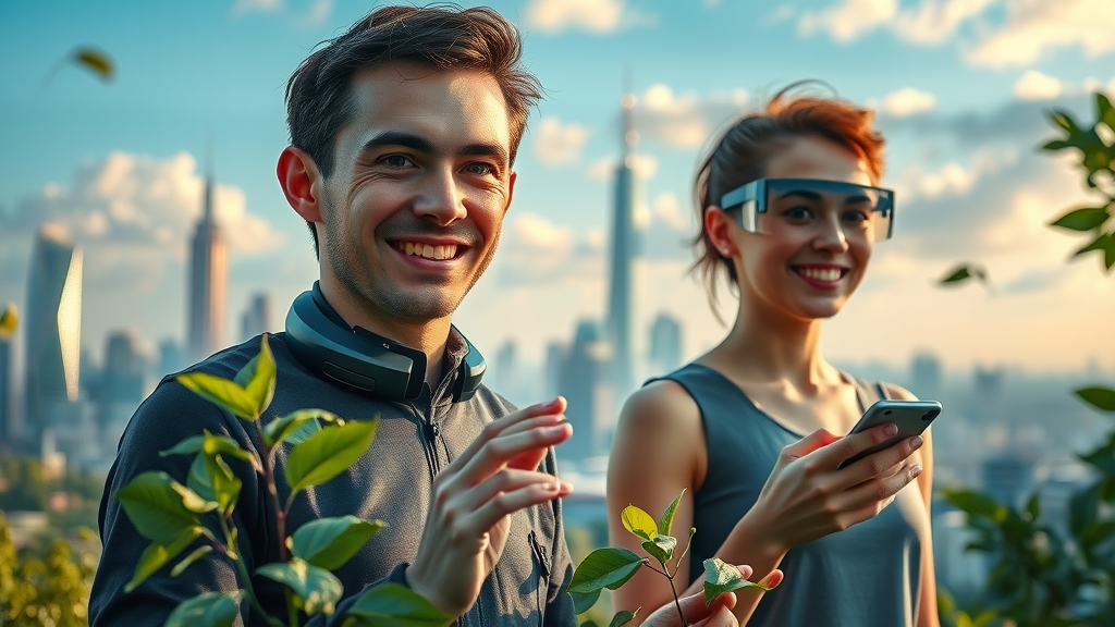 futuristic city skyline with people using wearable health tech - supplement trends organic health supplements natural product