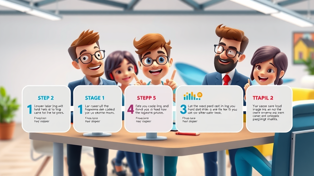 five staged workflow for website development, vibrant icons for each phase, collaborative web design team in action