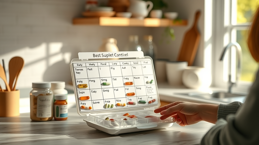 organized supplement schedule with daily pill organizer in a sunny kitchen - natural products dietary supplement organic health supplements
