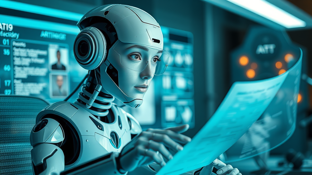 Futuristic AI assistant analyzing and creating content marketing drafts