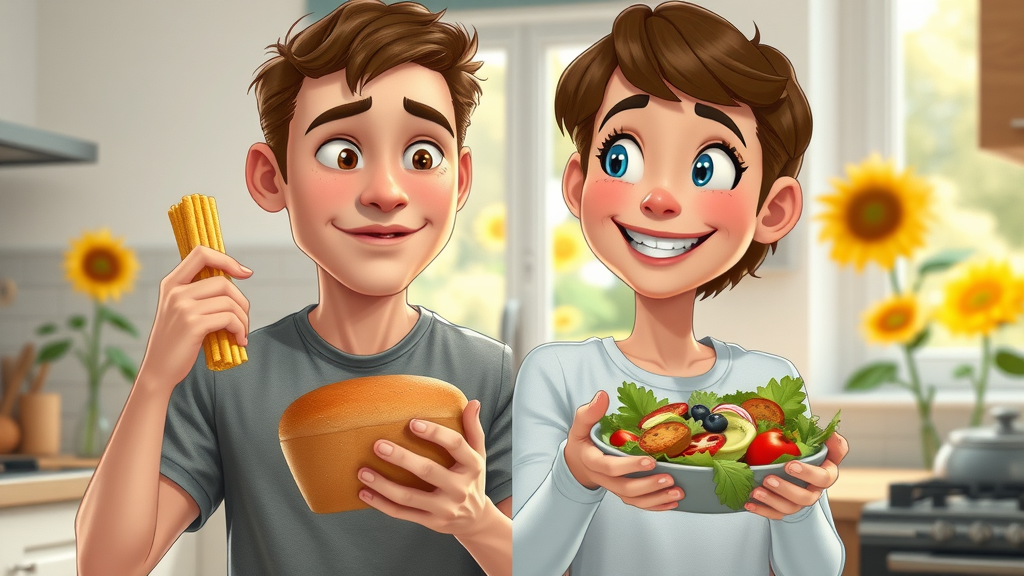 motivated individual transitioning from fast food to fresh salad in a home kitchen, showing the power and joy of plant-based healing transformation