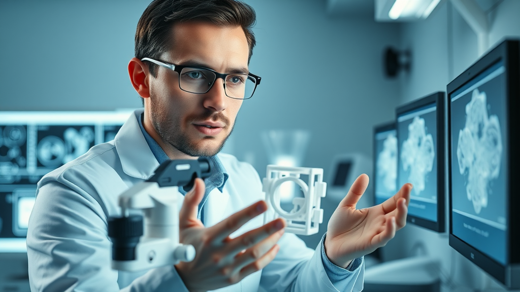 Tissue engineer designing 3D printed tissue scaffold at biomedical workstation