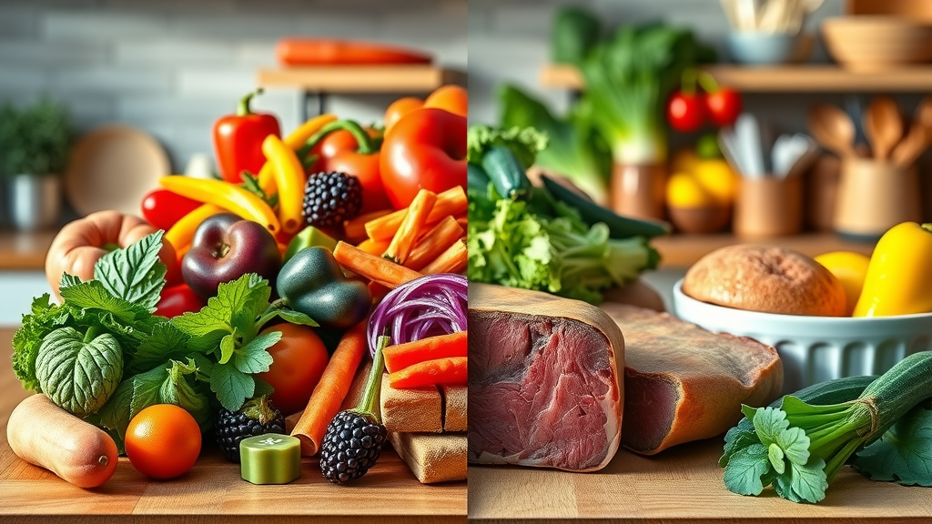 vibrant food comparison showing split between colorful whole plant foods and processed foods plus red meat, highlighting plant-based healing principles