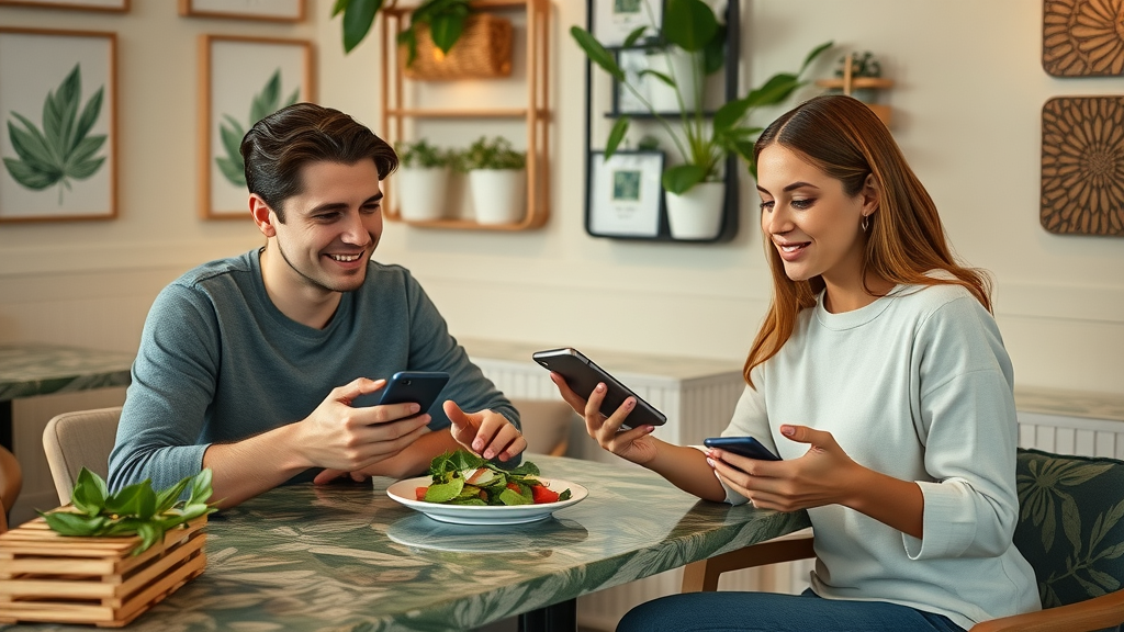 young adults sharing plant-based recipes on smartphones in a lively cafe, illustrating the influence of social media on public health and healing trends