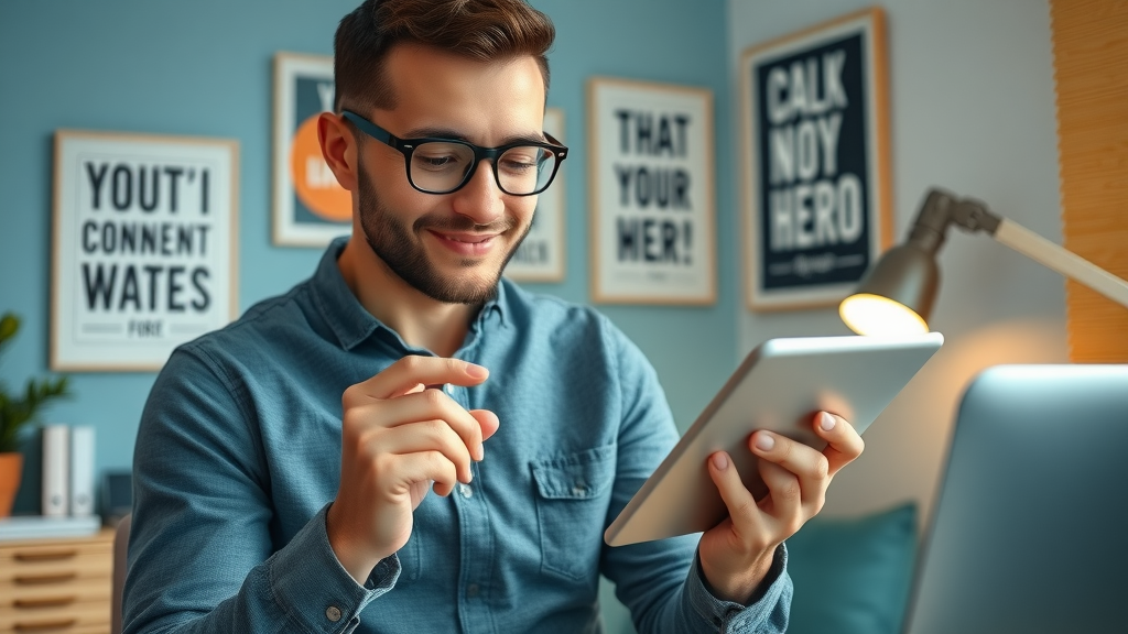 Motivated social media marketer reviewing a daily content creation checklist on a tablet