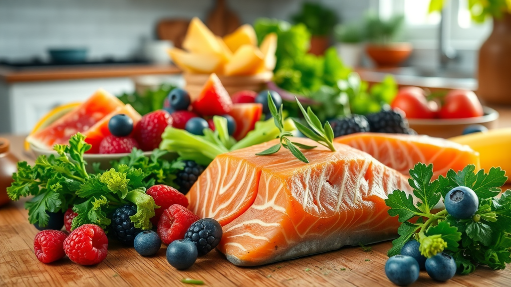 fresh organic foods for regenerative health diet including berries, leafy greens, and salmon