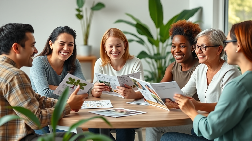 Group of adults discussing alternative medicine treatments in a contemporary wellness clinic